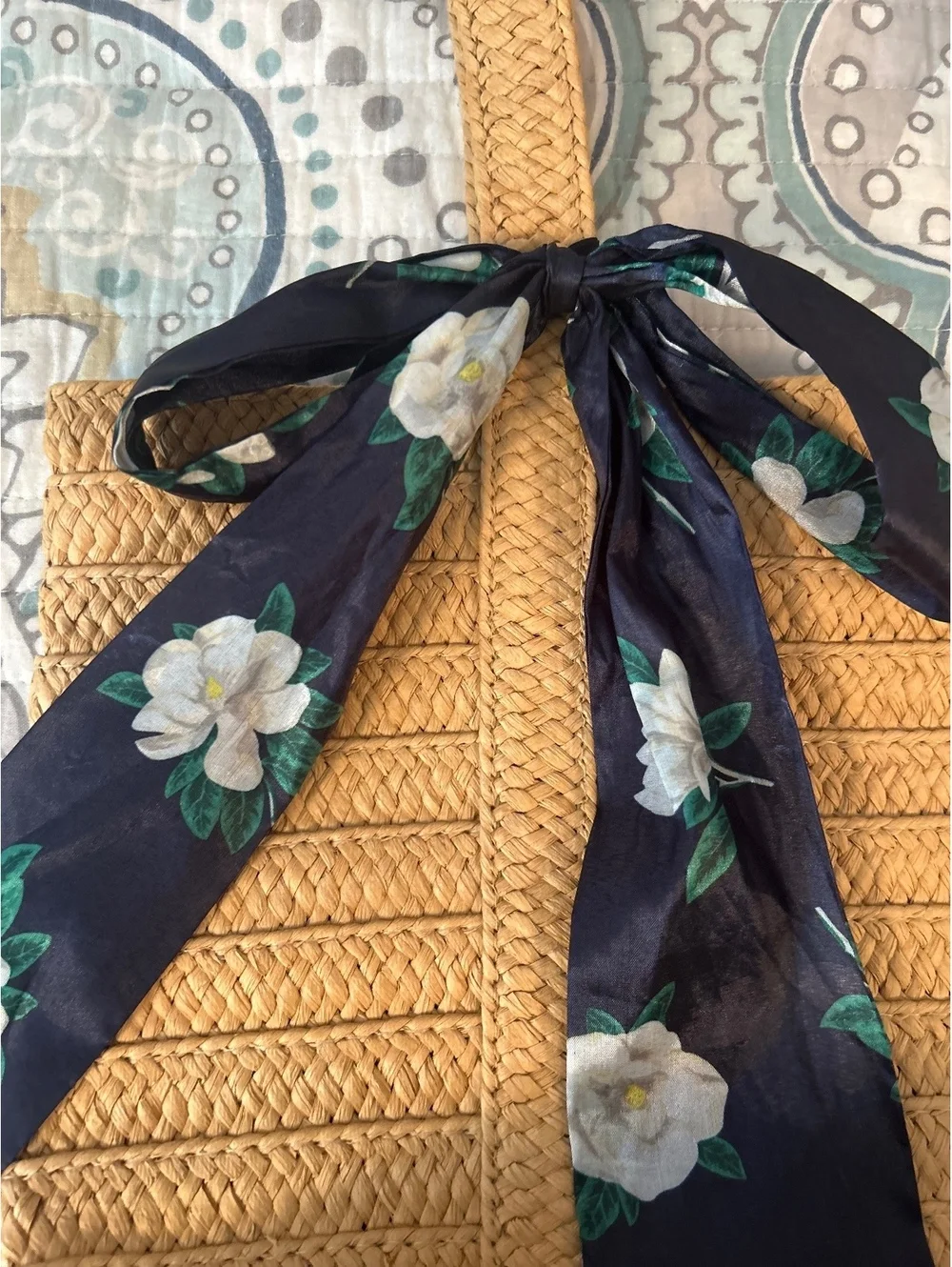 Draper James Straw Tote Bag with Floral Scarf Accent